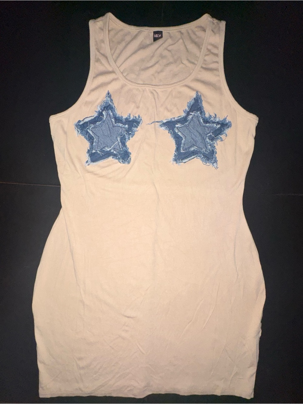Noisy May Cream Tank Dress with Distressed Blue Star Appliqués